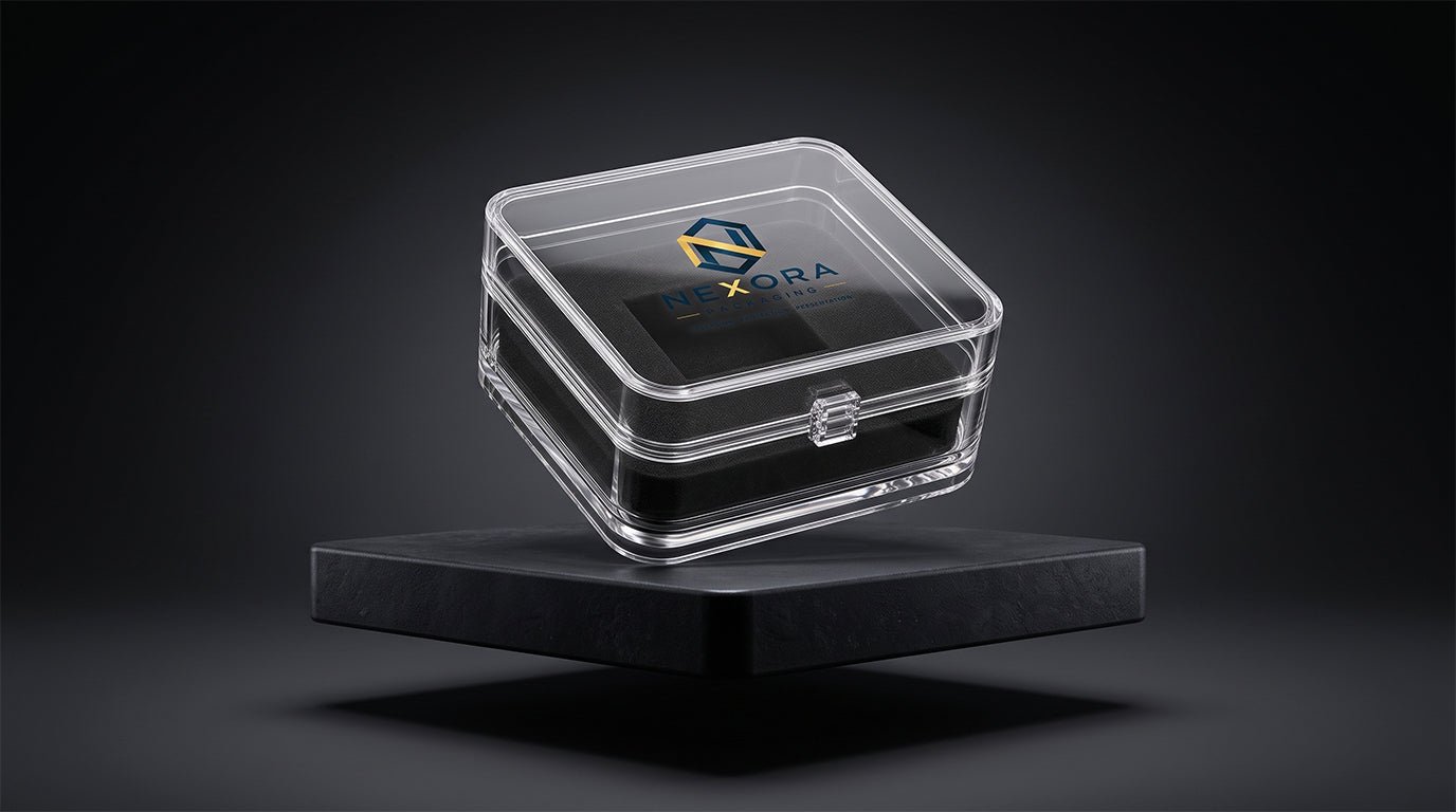 Nexora presentation packaging — clear protective box on a studio plinth