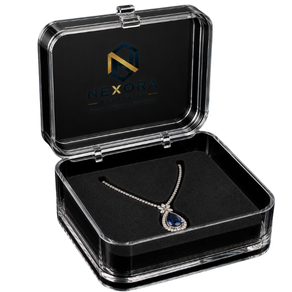 Open Nexora box holding a pendant necklace