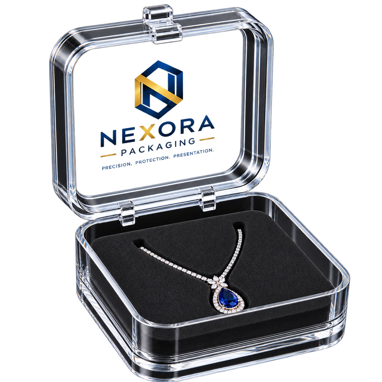 Open Nexora box holding a pendant necklace